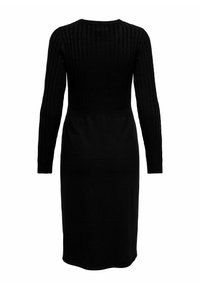 Robe tricotée noire avec une texture côtelée, des manches longues et une silhouette ajustée qui tombe sous le genou.