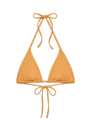 Górna część bikini w kolorze musztardowym, w kształcie trójkąta, z regulowanymi wiązaniami na szyi i plecach do zapięcia, przedstawiona na białym tle.