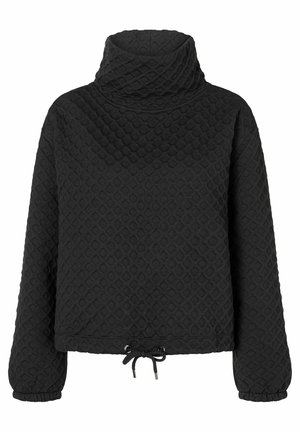 Pull-over noir matelassé à manches longues avec col cheminée haut et ourlet ajustable par cordon de serrage.