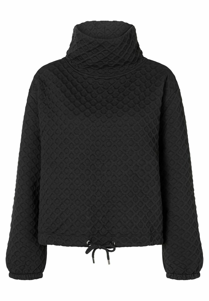 Pull-over noir matelassé à manches longues avec col cheminée haut et ourlet ajustable par cordon de serrage.