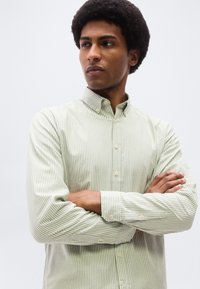 Άνδρας με αφροκρεάτι κόμμωση που φοράει πουκάμισο με ριγέ λευκές και ανοιχτοπράσινες ρίγες, με σταυρωμένα χέρια, κοιτάζοντας προς τα πλάγια μπροστά σε απλό φόντο.