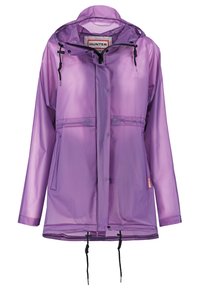 Imperméable lavande avec capuche, fermeture éclair frontale et boutons-pression, cordons ajustables à la capuche et à l'ourlet, deux poches avant.
