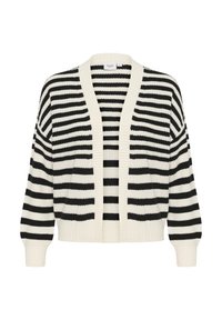 Cardigan rayé avec des bandes horizontales noires et blanches, devant ouvert, et poignets et ourlet côtelés. Fabriqué en matériau tricoté doux et texturé.