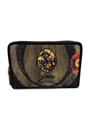 Portafoglio in tessuto intrecciato con un motivo floreale circolare, bordi neri e chiusura con zip, superficie testurizzata e accenti colorati.
