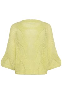 Πλεκτό πουλόβερ σε ανοιχτό κίτρινο χρώμα με χαλαρή, κουτί γραμμή, που διαθέτει υφασμένο σχέδιο και κοντά, φαρδιά μανίκια. Μπεζ ριμπ περίγραμμα στη βάση.