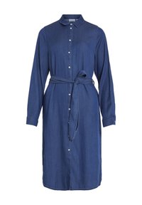 Denim srajčna obleka temno modre barve, z ovratnikom, gumbi spredaj, dolgimi rokavi in pasom za vezanje v pasu. Gladka tekstura, dolžina do kolen.