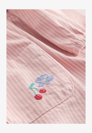 Rozā svītraina auduma daļa ar izšūtu ziedu zilos un zaļos toņos, ko papildina sarkanas ķirši. Satur kabatu ar pamanāmām šuvēm.