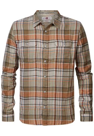 Brun og orange rutig knap-up skjorte lavet af stof med en glat tekstur, der har to brystlommer og et klassisk kravesnit.