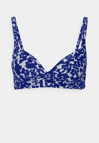 Top de bikini azul e branco com padrão, design frontal retorcido, alças ajustáveis e tecido liso e elástico.