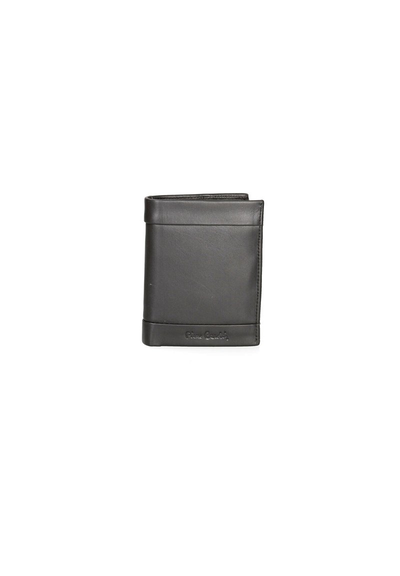 Portefeuille en cuir noir avec une texture lisse, de forme rectangulaire et un design minimaliste. Présente un logo discret embossé en bas.
