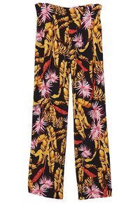 Pantaloni harem in tessuto nero con un vivace motivo tropicale che presenta foglie e fiori gialli, rossi e rosa; design a gamba larga.