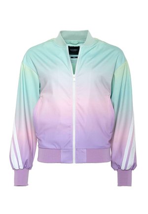 Viegls bomber jaku ar gradienta dizainu no piparmētras zaļās uz lavandas, ar baltām svītrām uz piedurknēm un ribotām aprocēm.