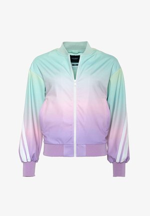 Lett bomberjakke med en gradientdesign fra mintgrønn til lavendel, med hvite striper på ermene og ribbede mansjetter.