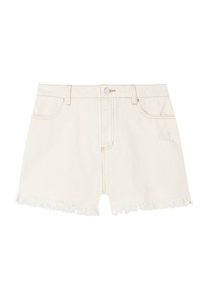 Ivory denim shorts with frayed hem, front button closure, five pockets, and subtle distressed detail on right thigh.