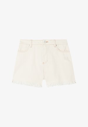 Shorts di jeans color avorio con orlo sfrangiato, chiusura con bottoni frontali, cinque tasche e dettaglio leggermente vissuto sulla coscia destra.