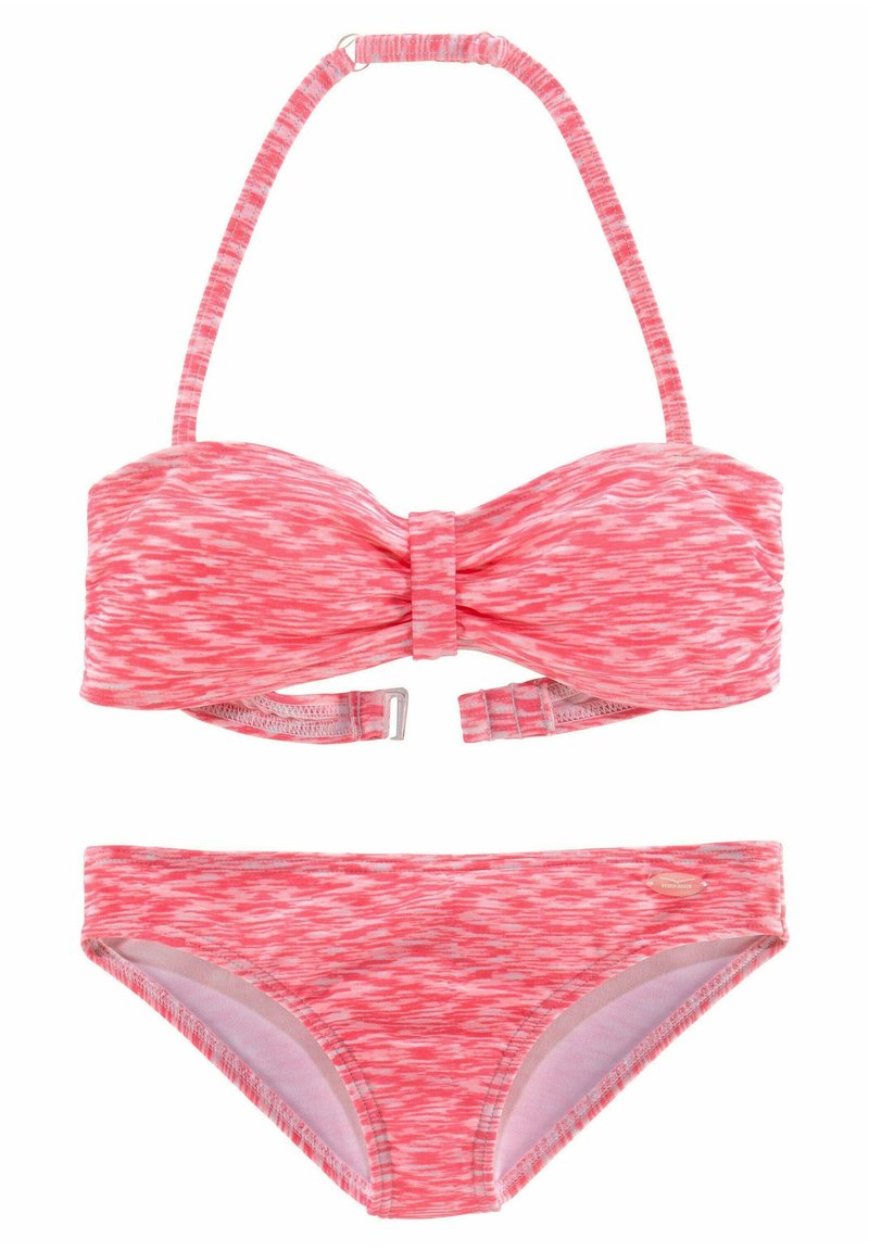 Pink bikini set with wave-pattern texture. Bandeau top features a bow detail and adjustable straps; bottoms have a simple cut.
