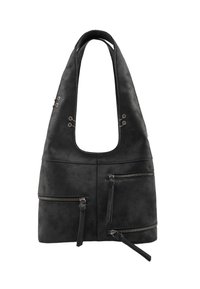 Borsa tote nera in pelle sintetica con una forma arrotondata tipo hobo. Dotata di molteplici tasche con cerniera e dettagli in metallo. Texture liscia.