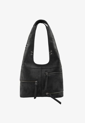 Sac fourre-tout en simili cuir noir avec une forme arrondie de type hobo. Comprend plusieurs poches zippées et des accents en métal. Texture lisse.
