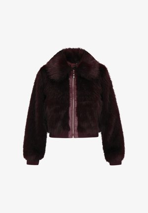 Burgundy faux fur cropped jacket with a large collar and zip closure. Smooth leather accents along the front and cuffs. Soft, fluffy texture.
