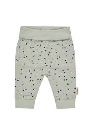 Light green baby pants with a wide waistband and cuffs, decorated with small scattered dots in blue, white, and olive green.