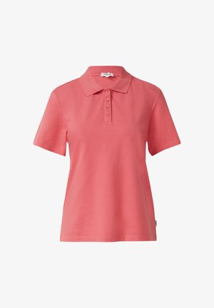 Korallenrosa kurzärmeliges Polohemd mit geripptem Kragen und vier Knöpfen, lockerer Passform und weichem Baumwollstoff.