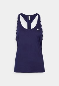 Námořnické modré tílko s racerback designem, se bílým logem na ramínkách a hladkou texturou látky. Bez dalších ozdob.