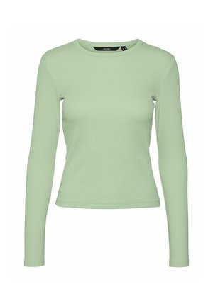 Langsleeve top in lichtgroene geribbelde stof, aansluitend ontwerp met een ronde hals, gladde textuur en zonder zichtbare hardware of accenten.