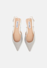 Pair of pointed-toe slingback flats with silver rhinestones and beige insoles labeled "Steve Madden" on a white background.