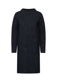 Robe à manches longues en marine foncé, arborant un motif de feuilles texturé. Col montant, forme A et tissu doux avec des sections côtelées.