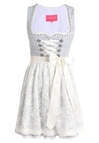 Robe blanche en dentelle avec un corsage à motif floral, devant lacé avec des boutons argentés et une ceinture en ruban de satin. Détail ourlé au bas.