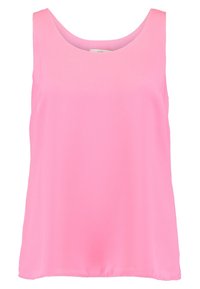 Top sin mangas de color rosa, hecho de una tela suave, con un escote redondo y un corte holgado. Diseño simple sin patrones ni adornos.