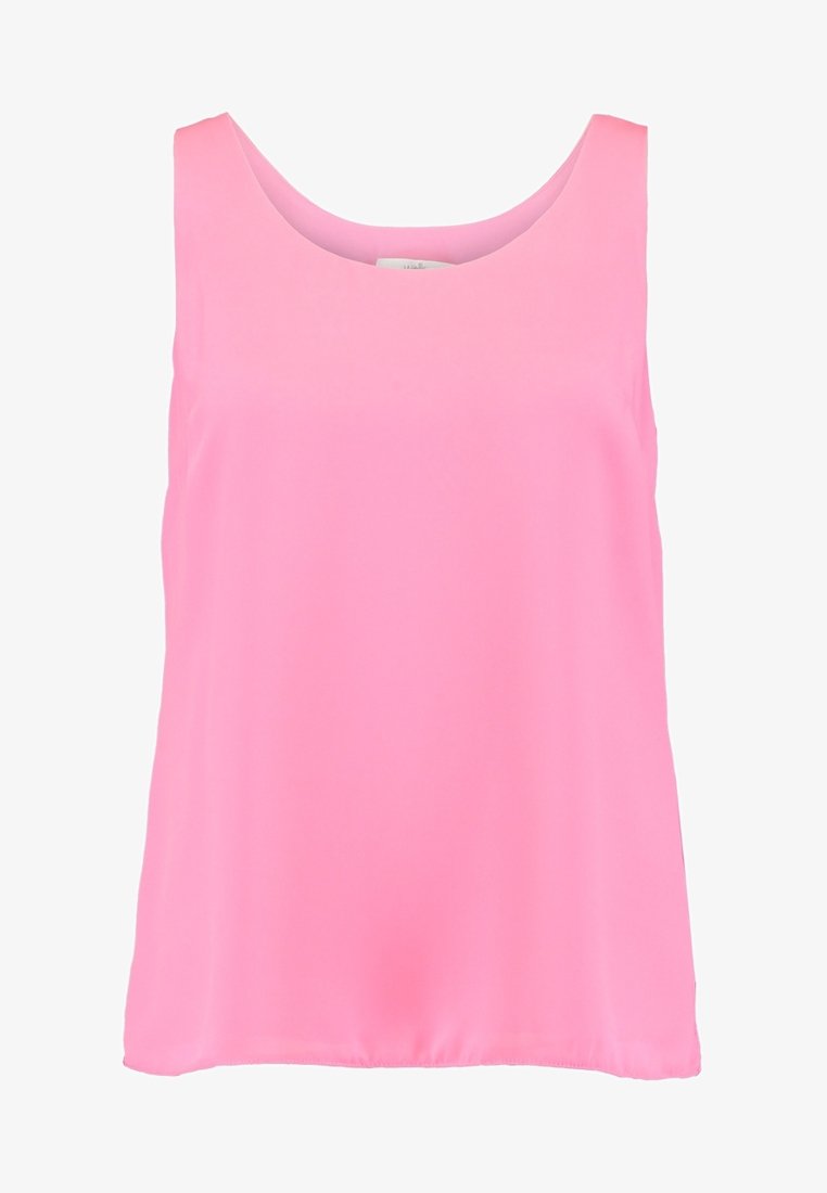 Rosa ärmlös topp, gjord av ett slätt tyg, med rund halsringning och en lös passform. Enkelt mönster utan tryck eller dekorationer.