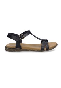 Zwarte lederen sandaal met een T-band ontwerp, verstelbare enkelriem met gesp en een textuurrijke bruine kurken zool. Plat model met dunne bandaccenten.