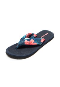 Chanclas de color navy con una suela texturada, tiras de tela que presentan patrones florales en tonos rosa y aqua, y un diseño anudado en la parte del dedo.