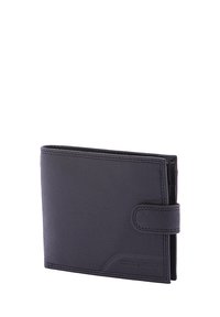 Portefeuille en cuir noir avec une finition texturée, design pliable en deux, et fermeture à pression. Présente des coutures élégantes et un intérieur à motifs.