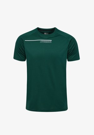 T-shirt de sport à manches courtes vert foncé avec le logo "HUMMEL" et une ligne horizontale blanche sur le haut de la poitrine.