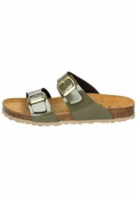 Green patent leather slide sandal features two buckled straps, cork footbed, and textured rubber sole for grip and comfort.