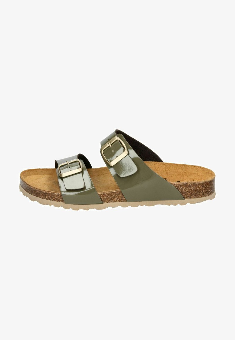 Green patent leather slide sandal features two buckled straps, cork footbed, and textured rubber sole for grip and comfort.