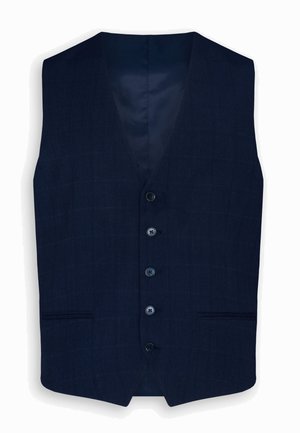 Gilet da uomo blu navy con cinque bottoni, due tasche a filetto frontali e delicato motivo a quadretti, senza maniche con scollo a V.