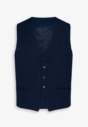 Gilet da uomo blu navy con cinque bottoni, due tasche a filetto frontali e delicato motivo a quadretti, senza maniche con scollo a V.