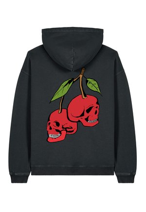 Black hoodie featuring a graphic of two red cherries designed as skulls, with green leaves above, on the back.