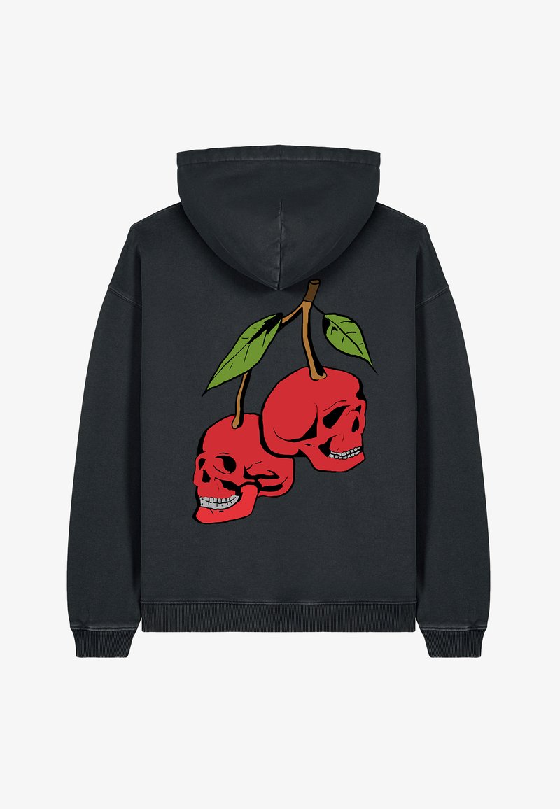 Felpa nera con un grafico che rappresenta due ciliegie rosse disegnate come teschi, con foglie verdi sopra, sul retro.