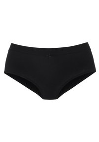 Black cotton hipster briefs with a smooth texture, wide waistband, and small bow accent at the front. No visible seams or patterns.