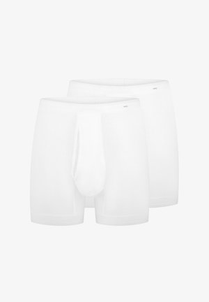White cotton boxer briefs, soft texture, featuring a supportive pouch and elastic waistband, two pairs displayed flat.