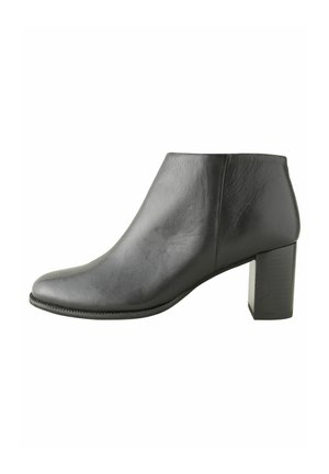 Bottine en cuir noir, avec un bout pointu, une texture lisse et un talon massif. Présente un design épuré et minimal sans embellissements.