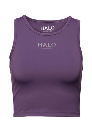 Paarse uitlopende tanktop van glad, rekbaar materiaal. Heeft een ronde halslijn en een minimalistisch HALO-logo afgedrukt in een lichtere tint.