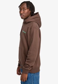 Brown hoodie with a front pocket and ribbed cuffs. Features embroidered text in green and red. Soft fabric with a relaxed fit.