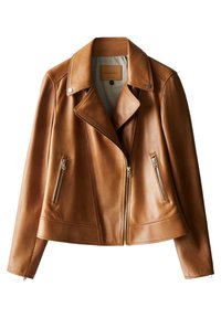 Giacca da motociclista in pelle marrone con colletto a punte, tasche con zip e una texture liscia. Caratterizzata da una vestibilità su misura e dettagli in hardware metallico.