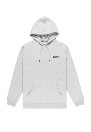 Šedá mikina s kapucňou, predným vreckom a malým zeleným logom na hrudi. Mäkká textura, neformálny dizajn.