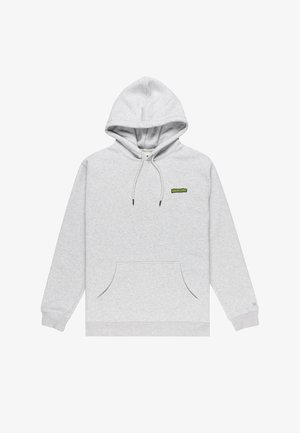 Harmaa huppari, jossa on etutasku, nyöritettävä huppu ja pieni vihreä logo rinnassa. Pehmeä rakenne, rento muotoilu.